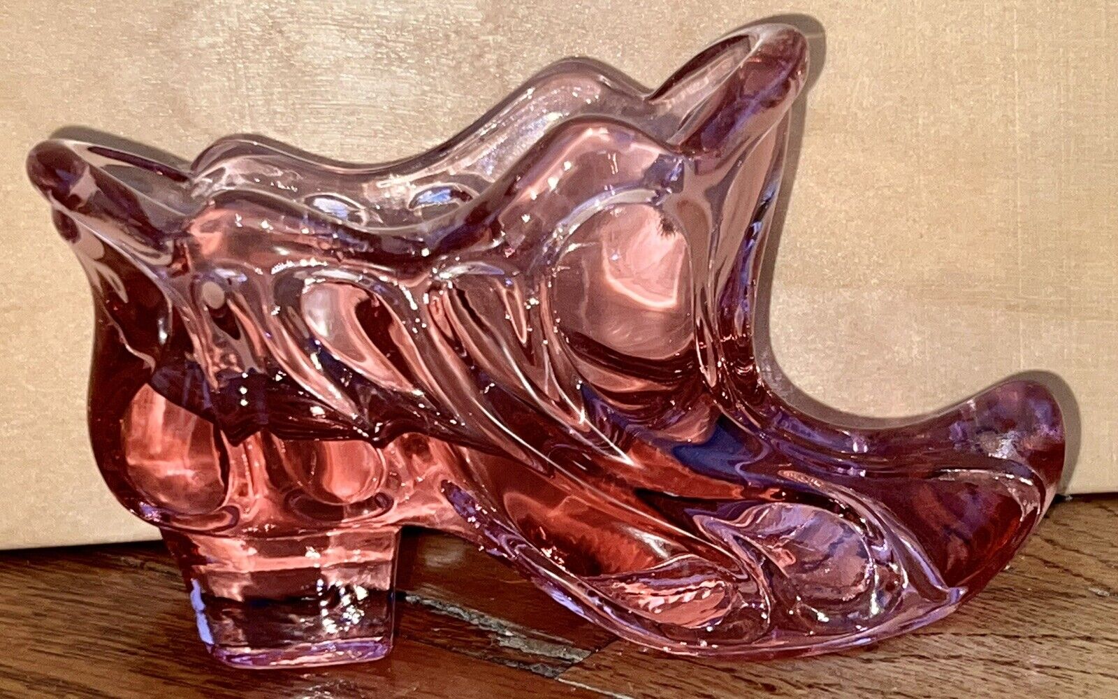 Fenton Art Glass Swirl Pattern Slipper Shoe - Pink Carnival Glass