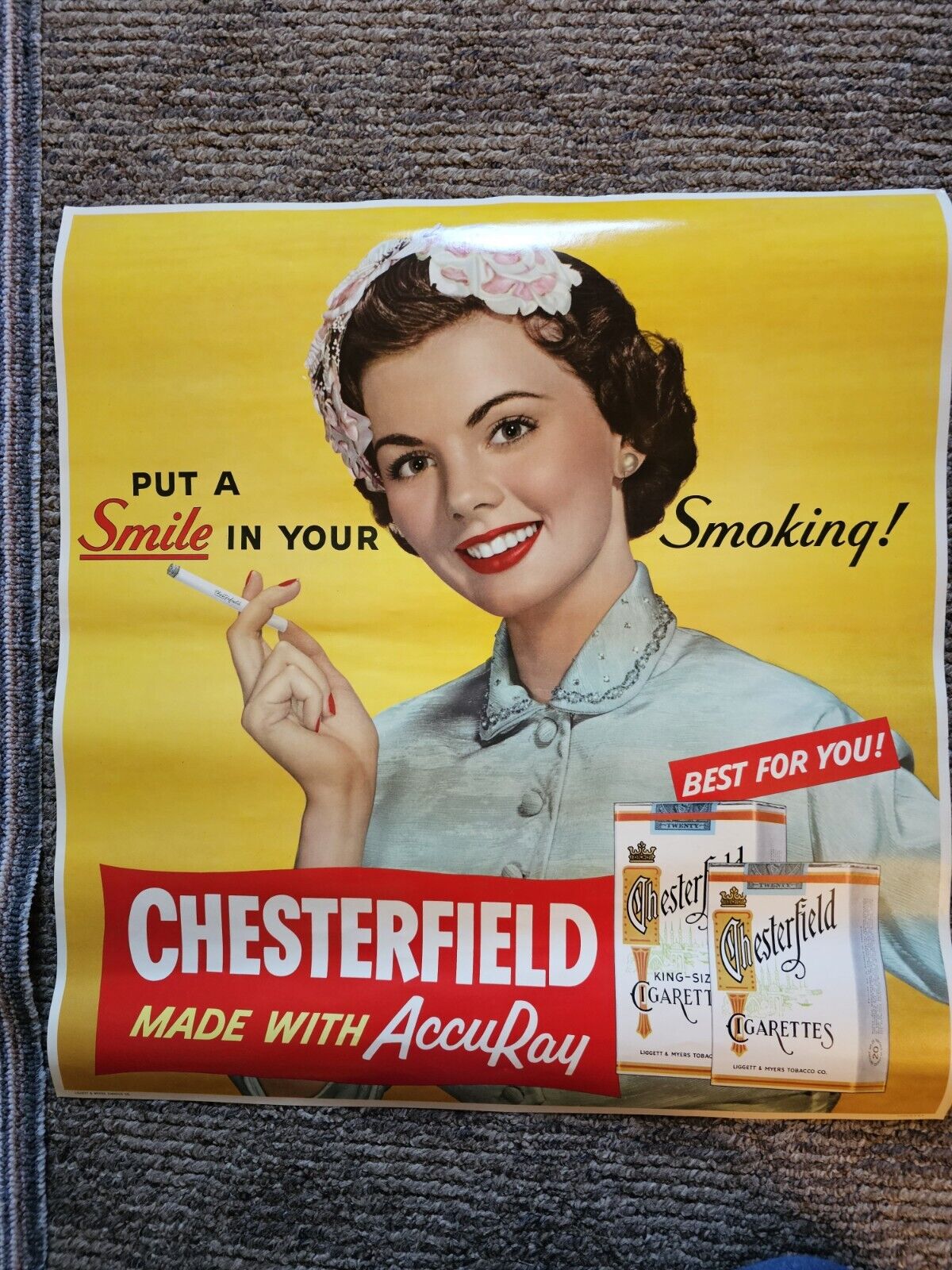 Vintage CHESTERFIELD Cigarettes Store Advertising Sign Lithograph Poster Mcm