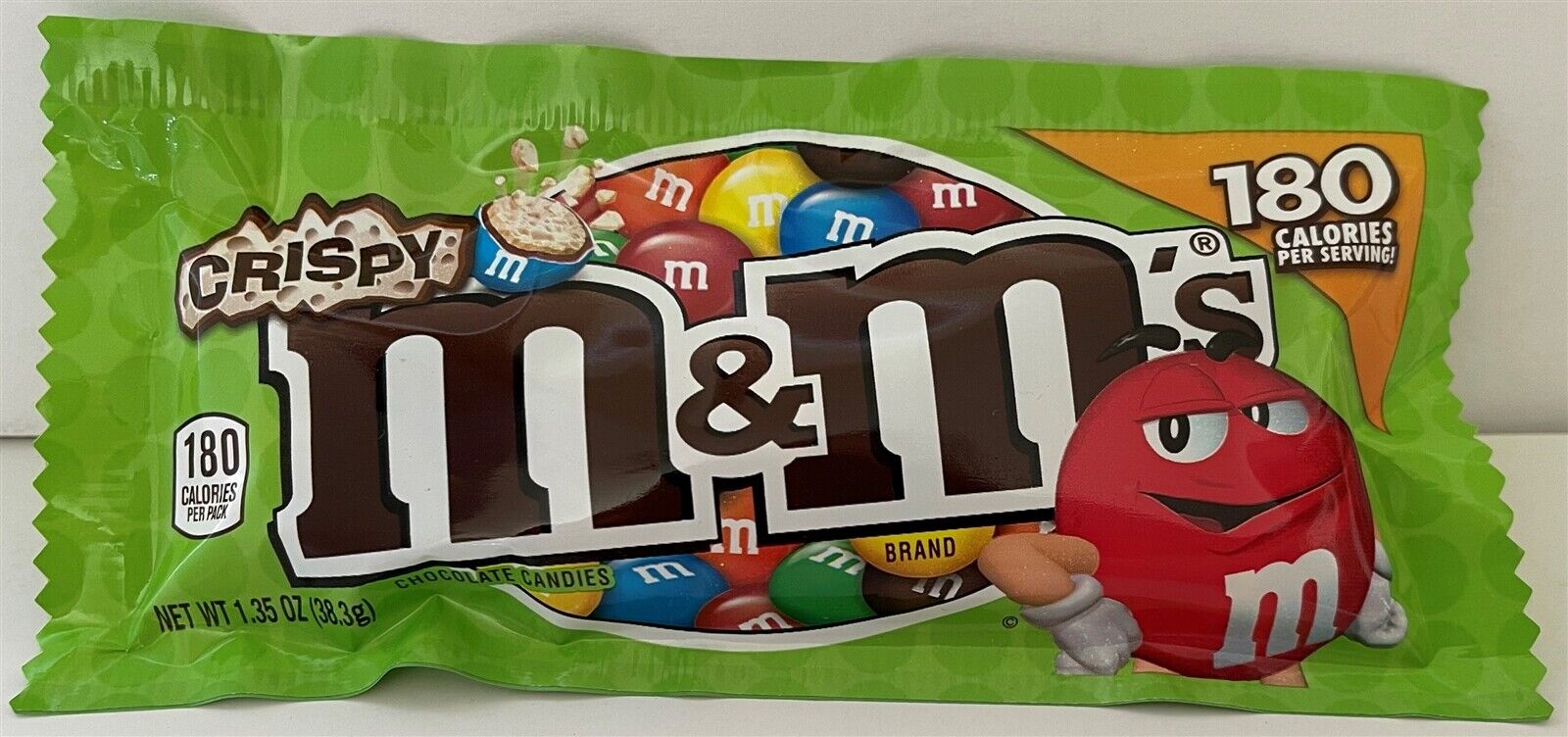 m&m\'s CRISPY chocolate candies USA - 1.35 oz green bag - UPC lower-left corner