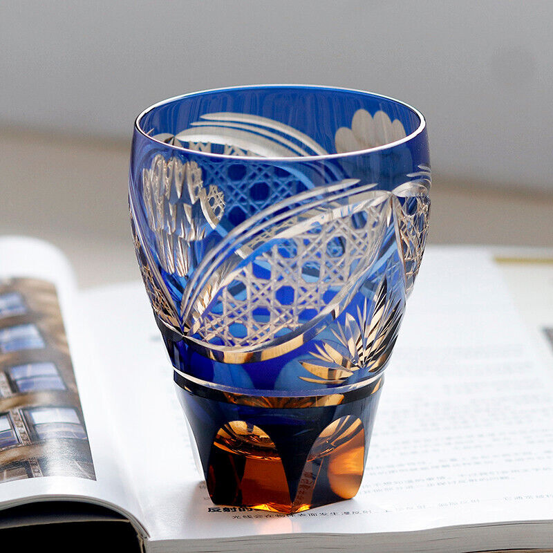 Amber Blue Hand Cut To Clear Edo Kiriko Glasses Beer Whiskey Drinking Glass 11oz