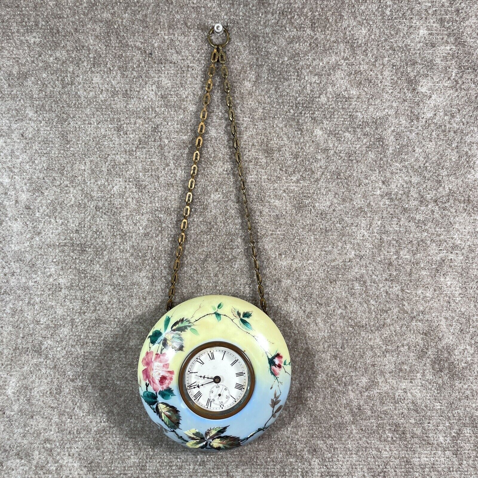 Antique E.N. Welch Clock Hand Painted Floral Glass Metal Chain