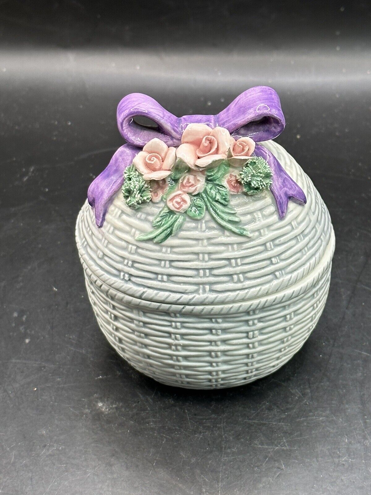 Lefton Geo Z Trinket Box Purple Flowers Wicker Basket Vintage 1994