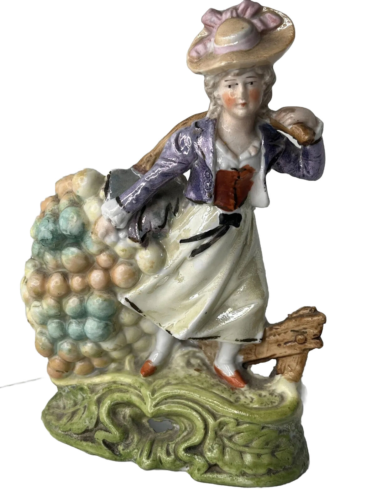 Antique Vintage Fine Dresden Porcelain Girl Spill Vase Grapes Vines 6” Figurine