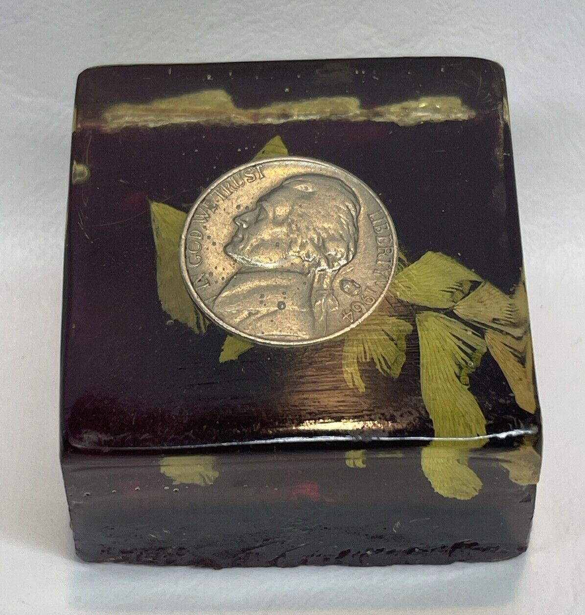 Vtg 1964 Nickel Embedded in Square Homemade Resin Paperweight Leaf Frond