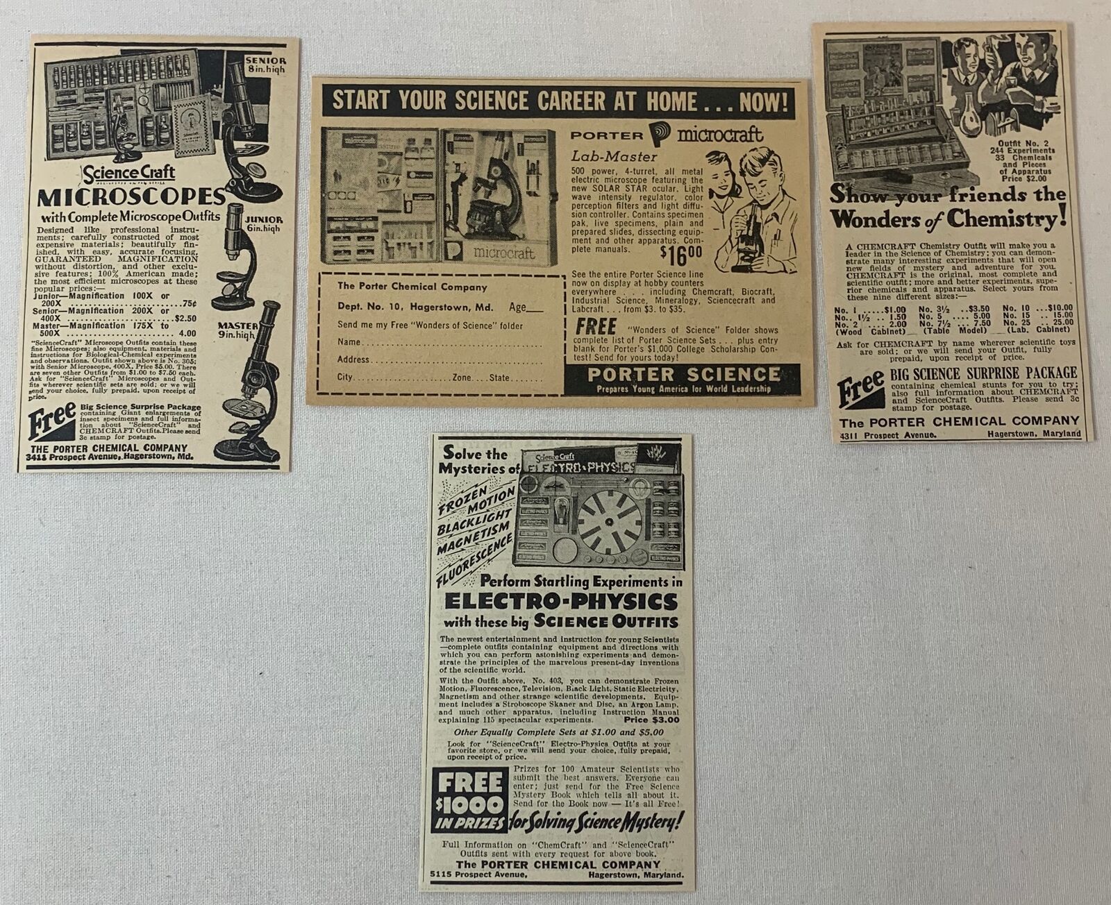 lot of four PORTER SCIENCE ads ~ 1935-1960 ~ microscopes, chemistry sets