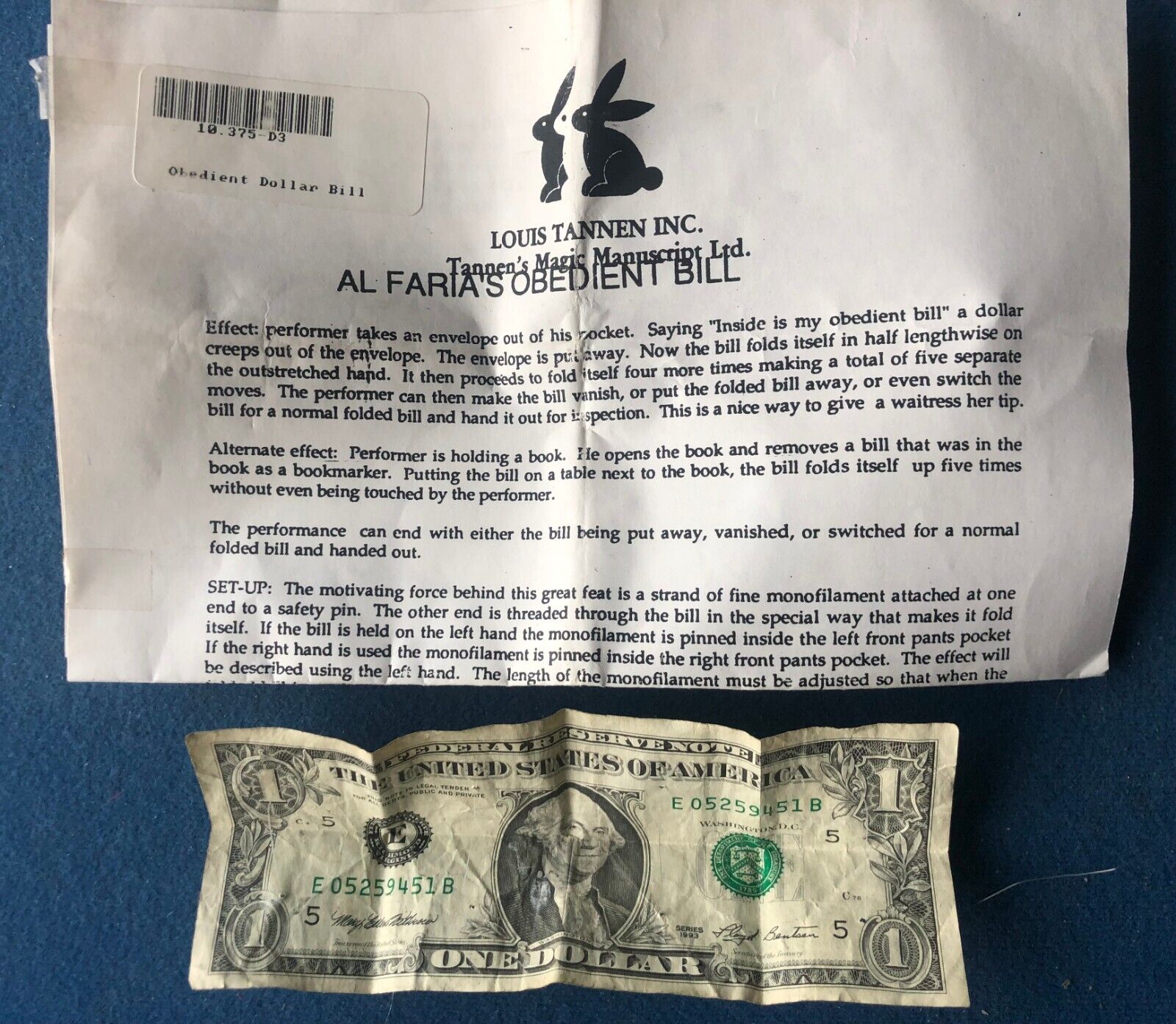 Vintage Magic Trick Al Faria's Obedient Bill Tannen's 1990's Haunted Dollar Bill