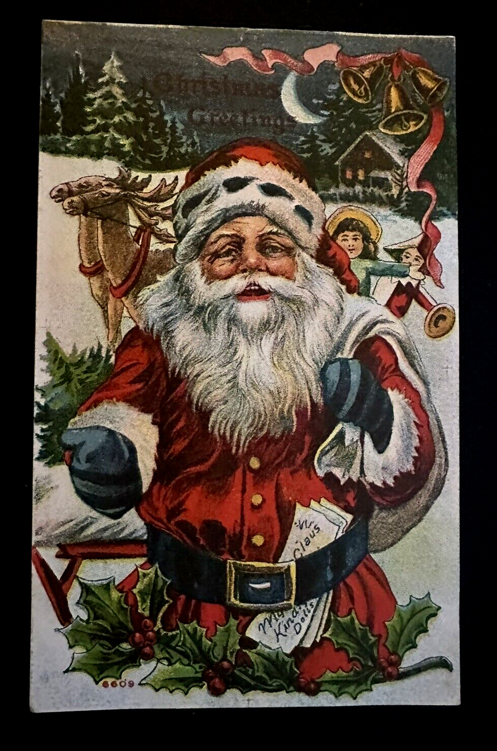Christmas~Santa Claus with Reindeer~Holly~Toys Antique Xmas Postcard~h737
