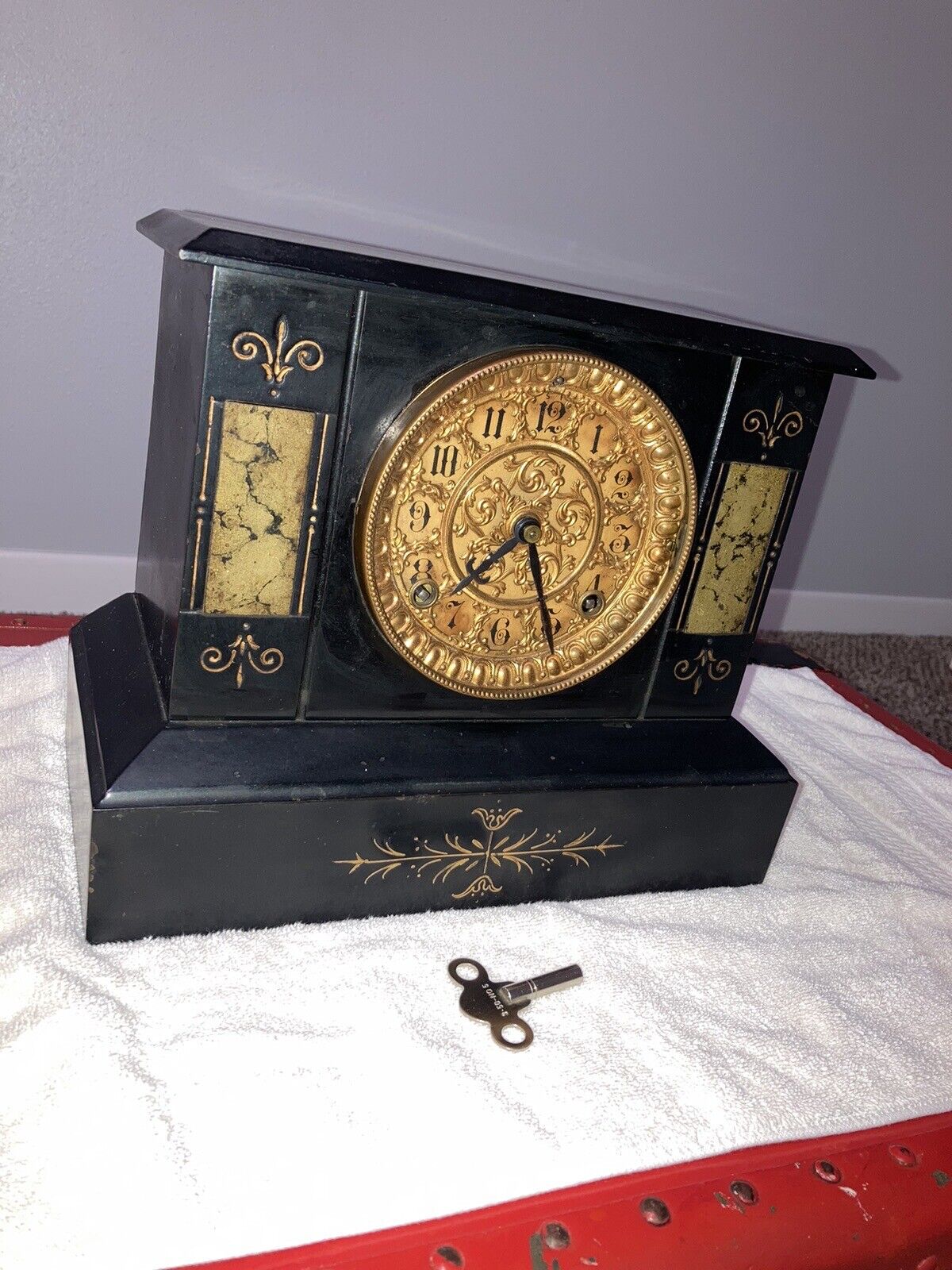 Ansonia New York Cast Iron Mantle Clock 1882 Victorian Dial Restored