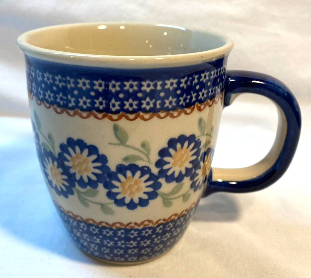 Boleslawiec Polish Pottery Coffee Mug Blue and Yellow Flower