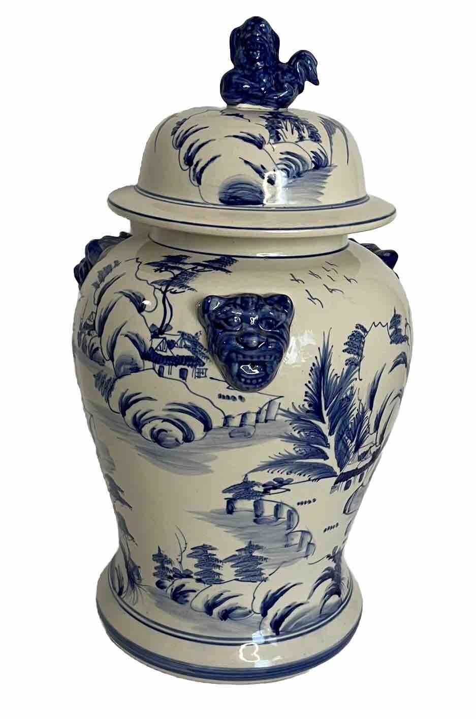Chinese Hand Painted Blue White Ceramic Lidded Ginger Temple Jar Foo Dog 20 Inch