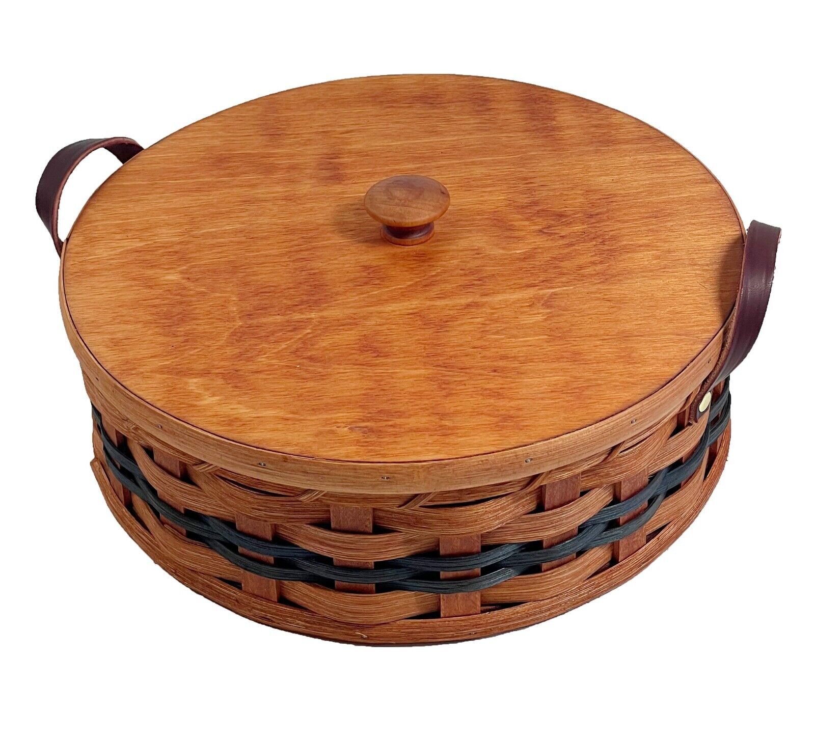 Amish Single Pie Server Carrier Oak Wicker Basket Leather Handles