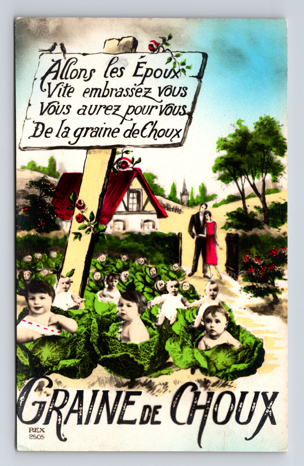 RPPC French Couple Cottage Grow Cabbage Seed Children Babies Fantasy Postcard