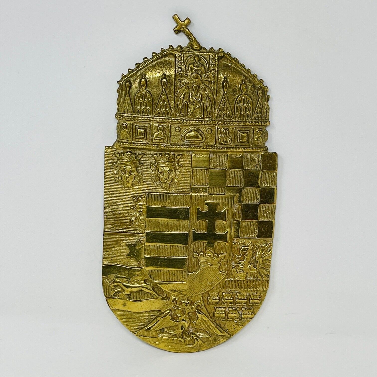 Hungarian Coat of Arms Brass Wall Plaque Lands of Holy Hungarian Crown 1915-1946