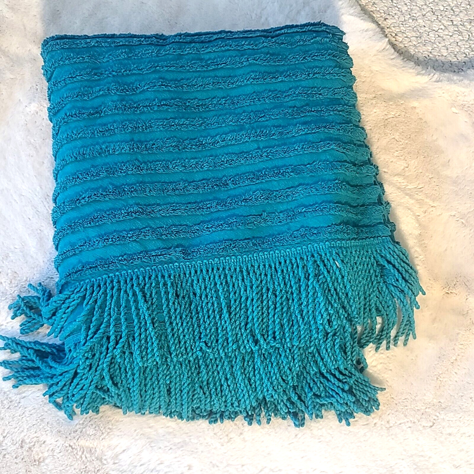 Teal Green Twin Chenille Fringe Old Fashioned Bedspread Cottage Boho 100% Cotton