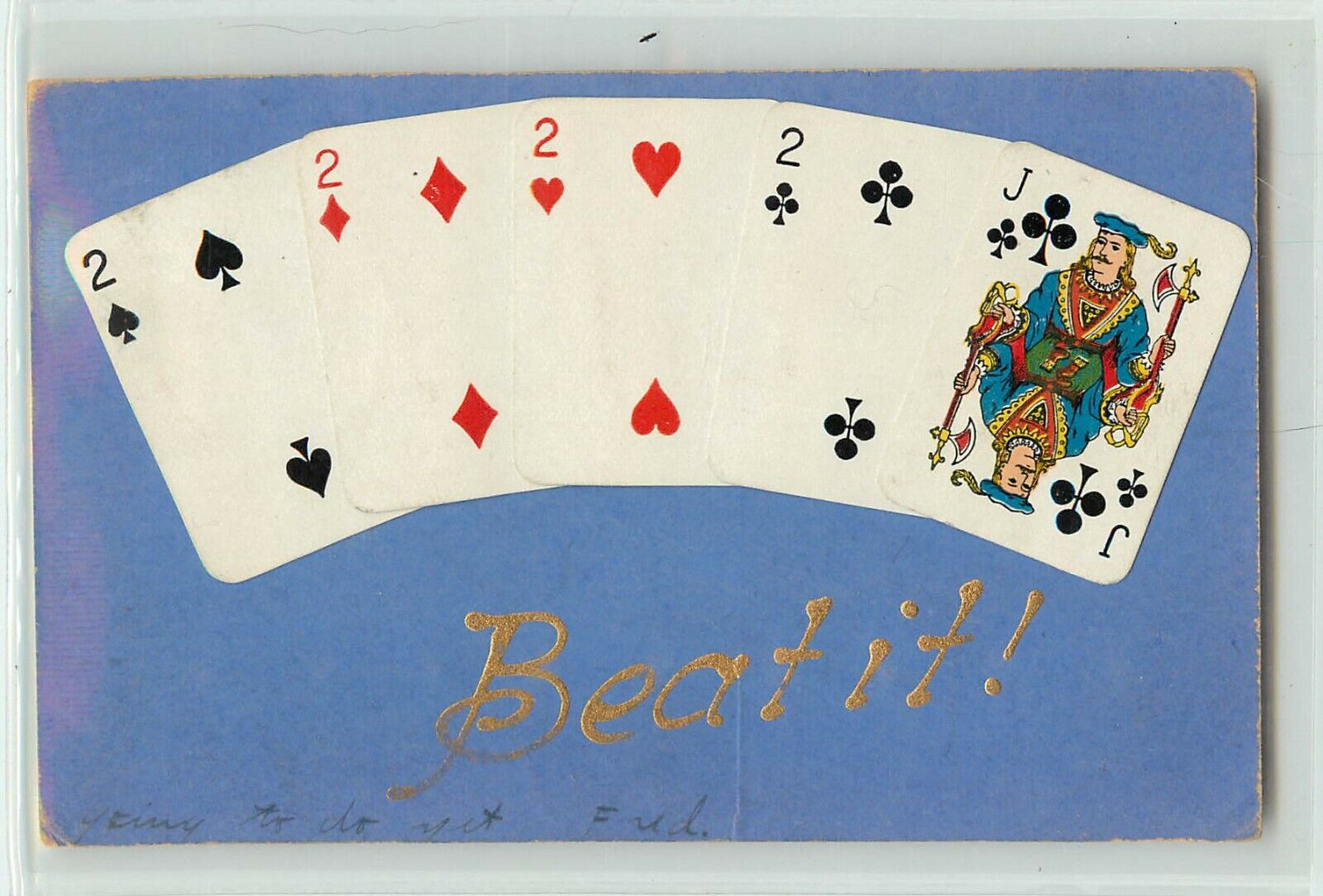 c1909 Postcard Hand of Tiny Playing Cards glued on, 4 of a Kind + Jack, Beat it