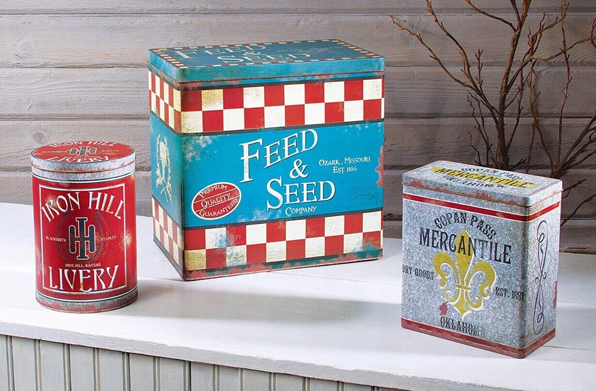 Old West Advertising Tin Canisters Set Of 3 Farmhouse Vtg Style Metal