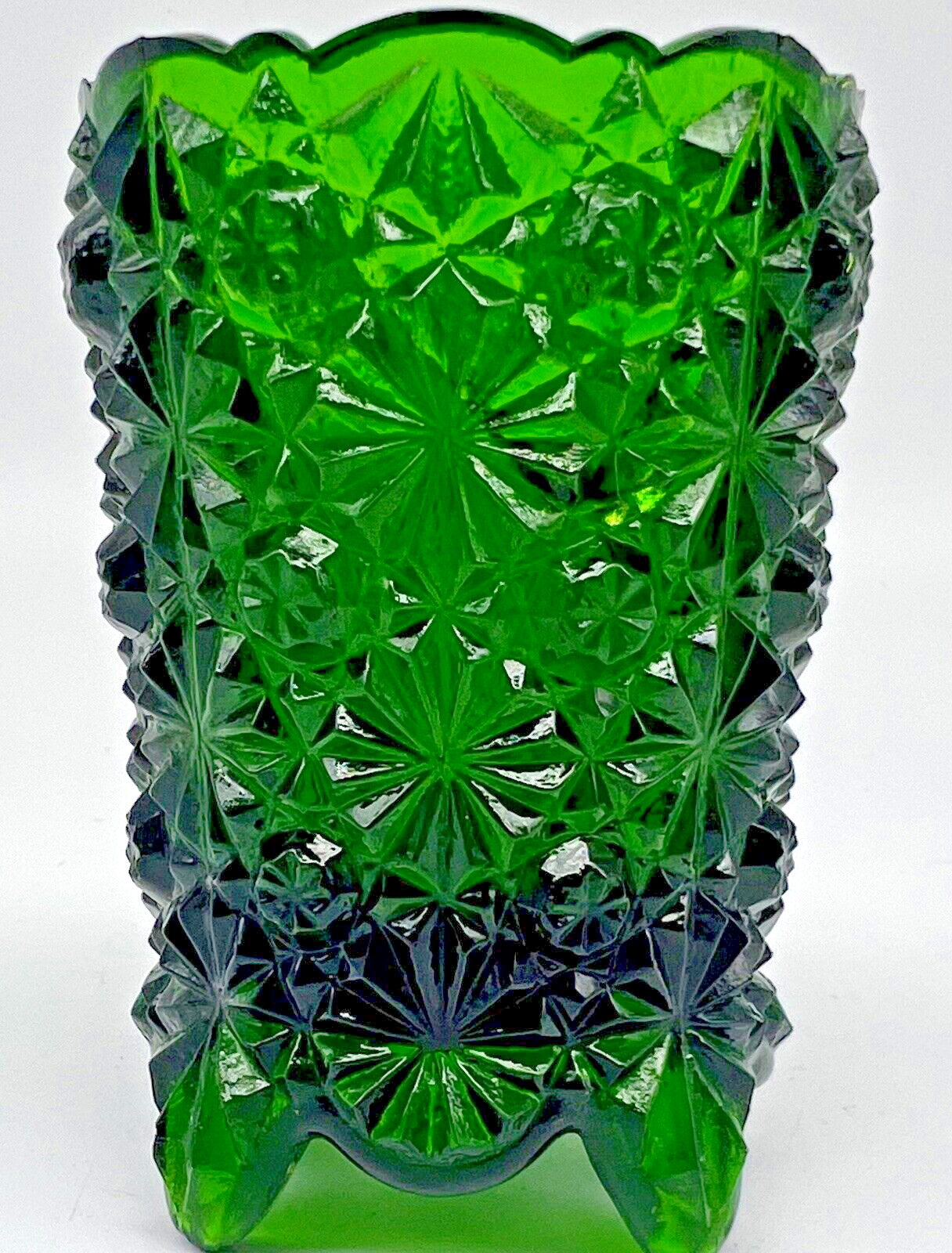 Vintage Glass Footed Daisy & Button Toothpick Holder Votive Dark Emerald Green