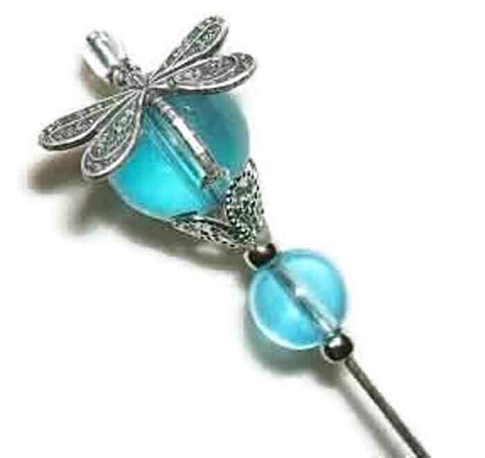 DRAGONFLY Stick Hat Pin Long Hatpin Vintage Style BLUE GLASS Silver Plt