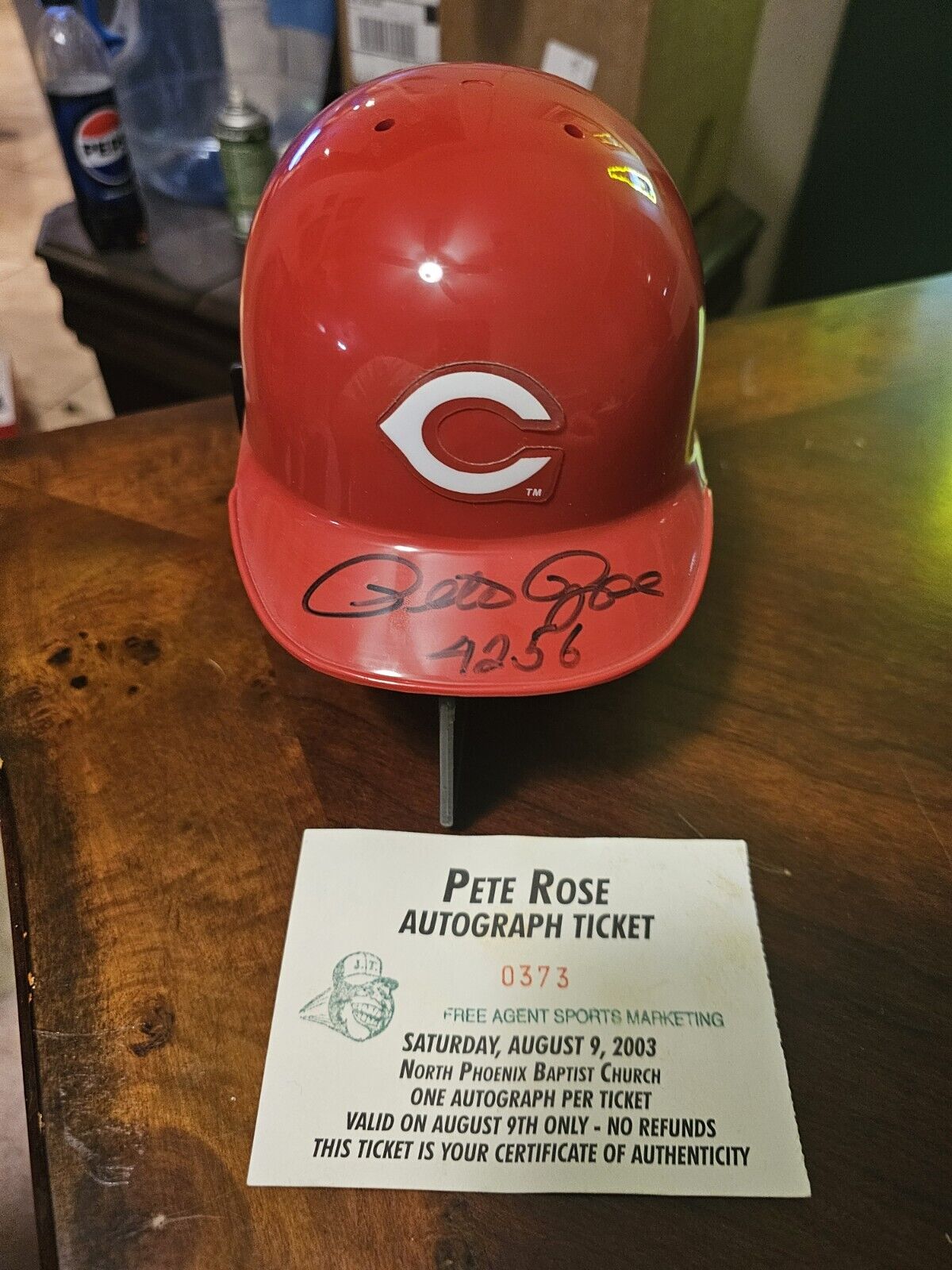 Pete Rose Signed MLB Cincinnati Reds Mini Helmet 4256 W Stand Inscription COA