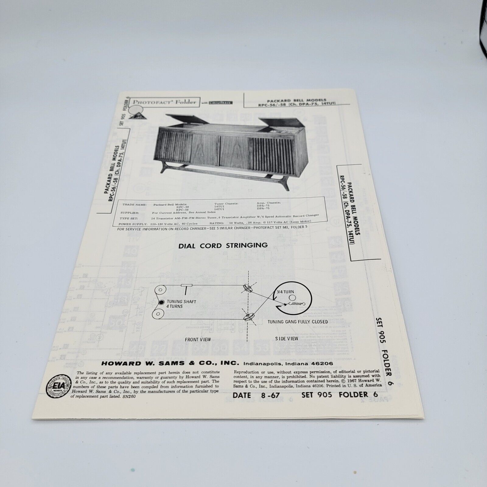 1967 PACKARD BELL RPC-56 -58 RADIO SERVICE MANUAL SCHEMATIC PHOTOFACT DPA-75