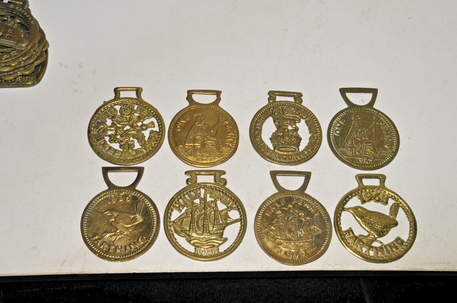 (8) Brass Horse Harness Medallions, UK Coin Replicas, 3x3.5 inches, unused  #8-2