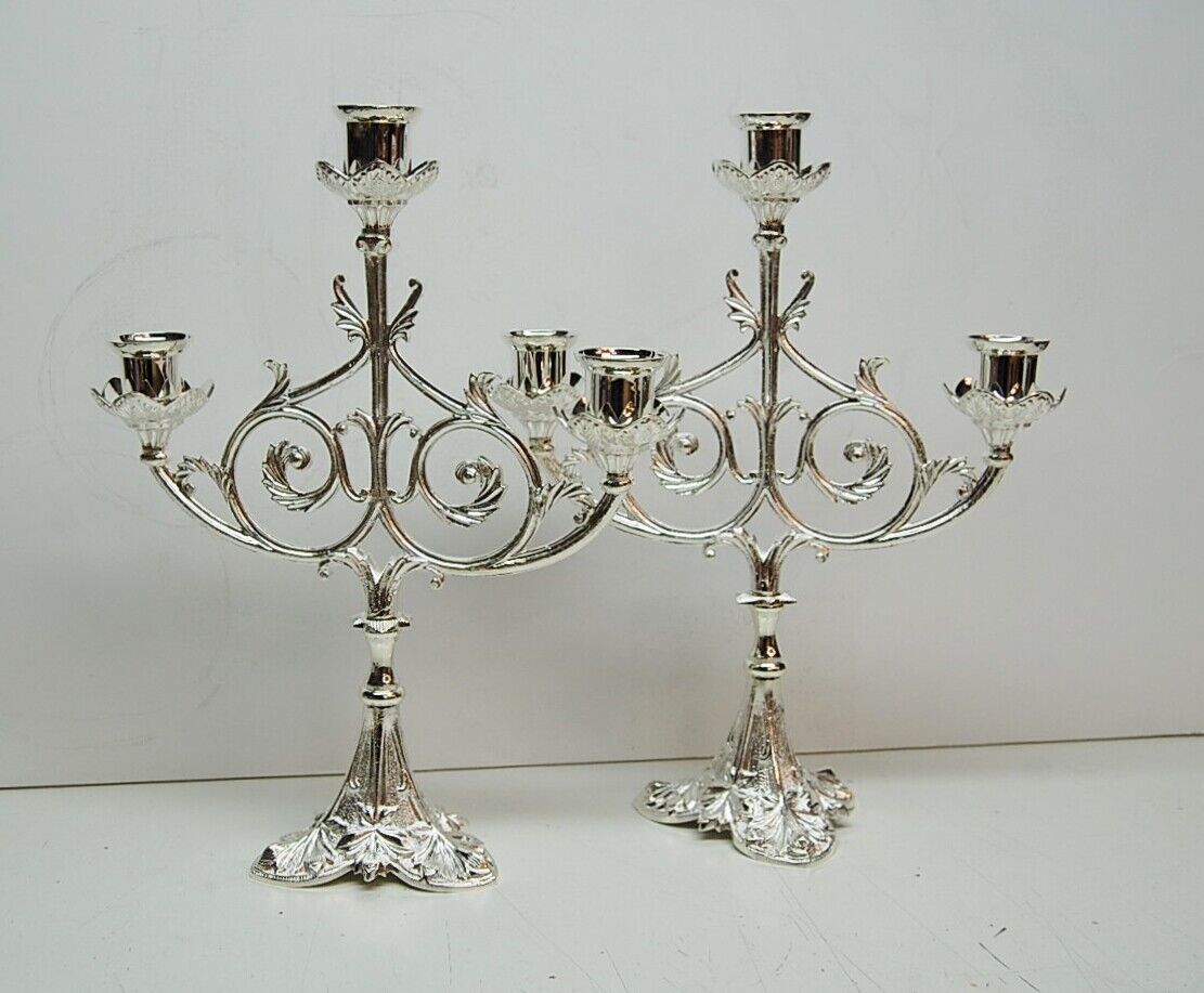 Nice Pair of Silver Plated 3 Light Church Candelabra #181- Candlesticks