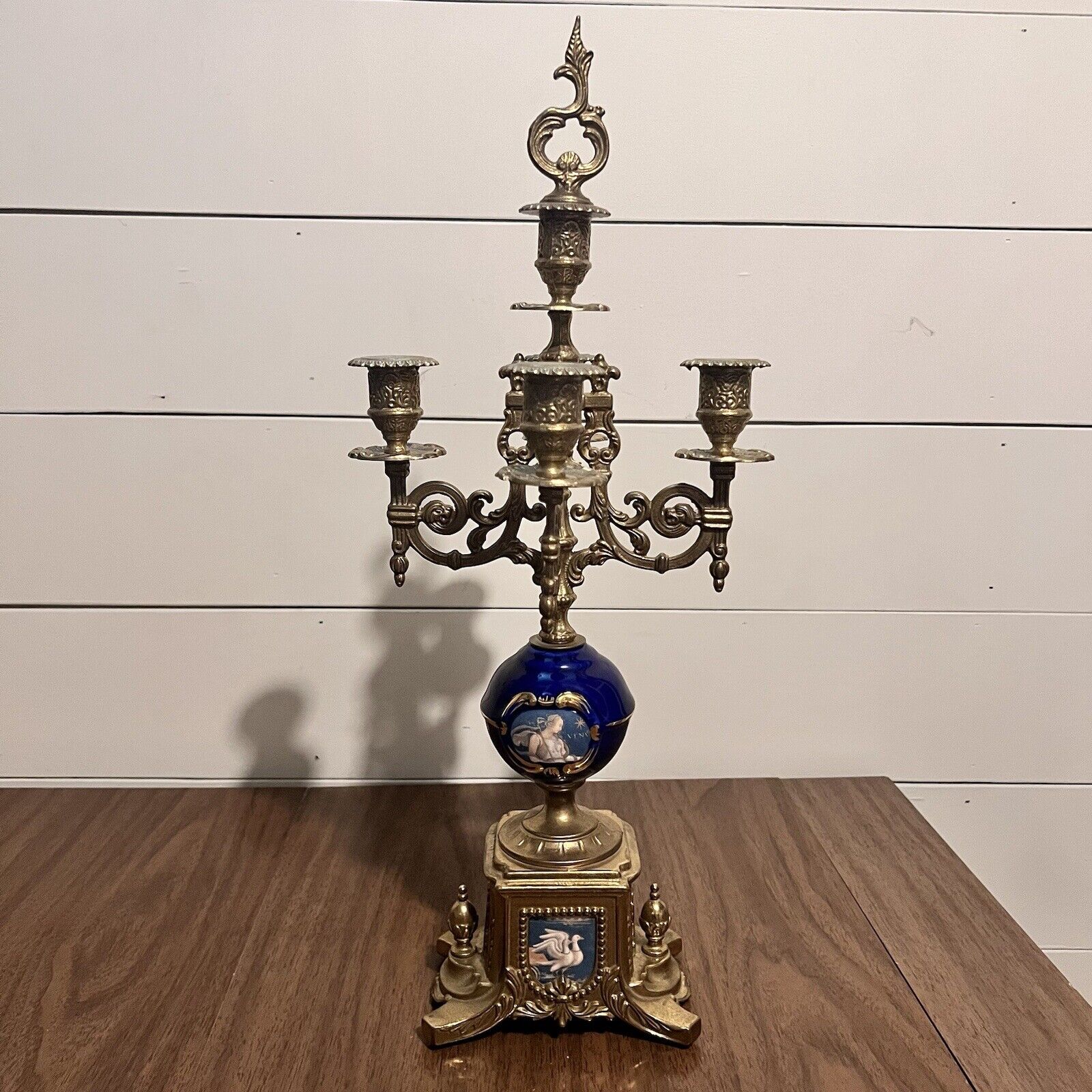 1920s Candelabra Ornate Imperial Italian Brass Cobalt Blue Candle Stick Holder
