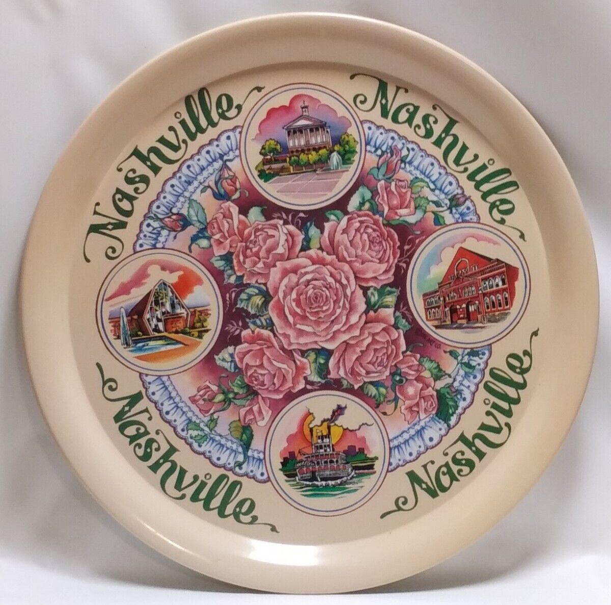 Vintage 11” Nashville Floral Tin Drink Tray Wall Hanging Plaque Country