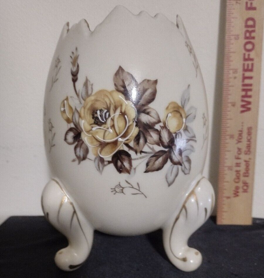 Vintage Napcoware Footed Hand Painted Cracked Egg Floral Vase Dish Planter 6.25\