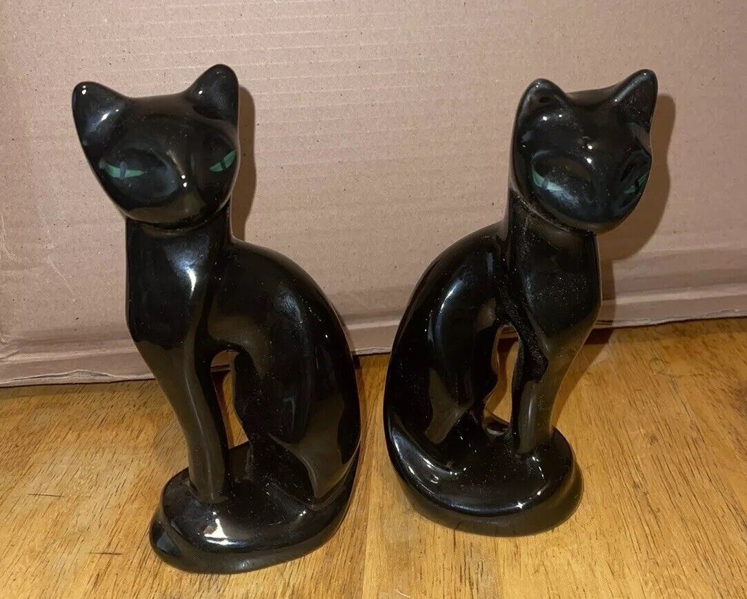 Vintage Mid Century Pair Black Cat Figurine Ceramic Fun