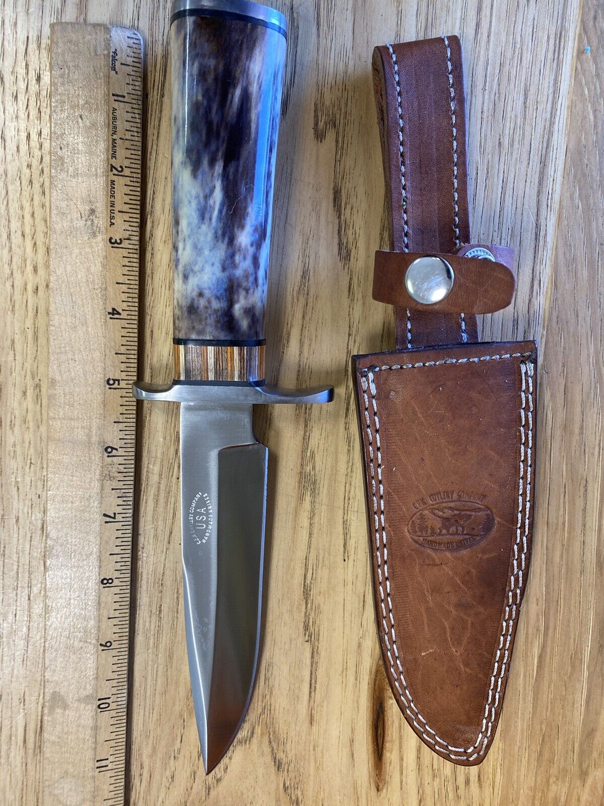 Vintage CFK USA Custom Handmade Hunting Knife Horn Leather See*