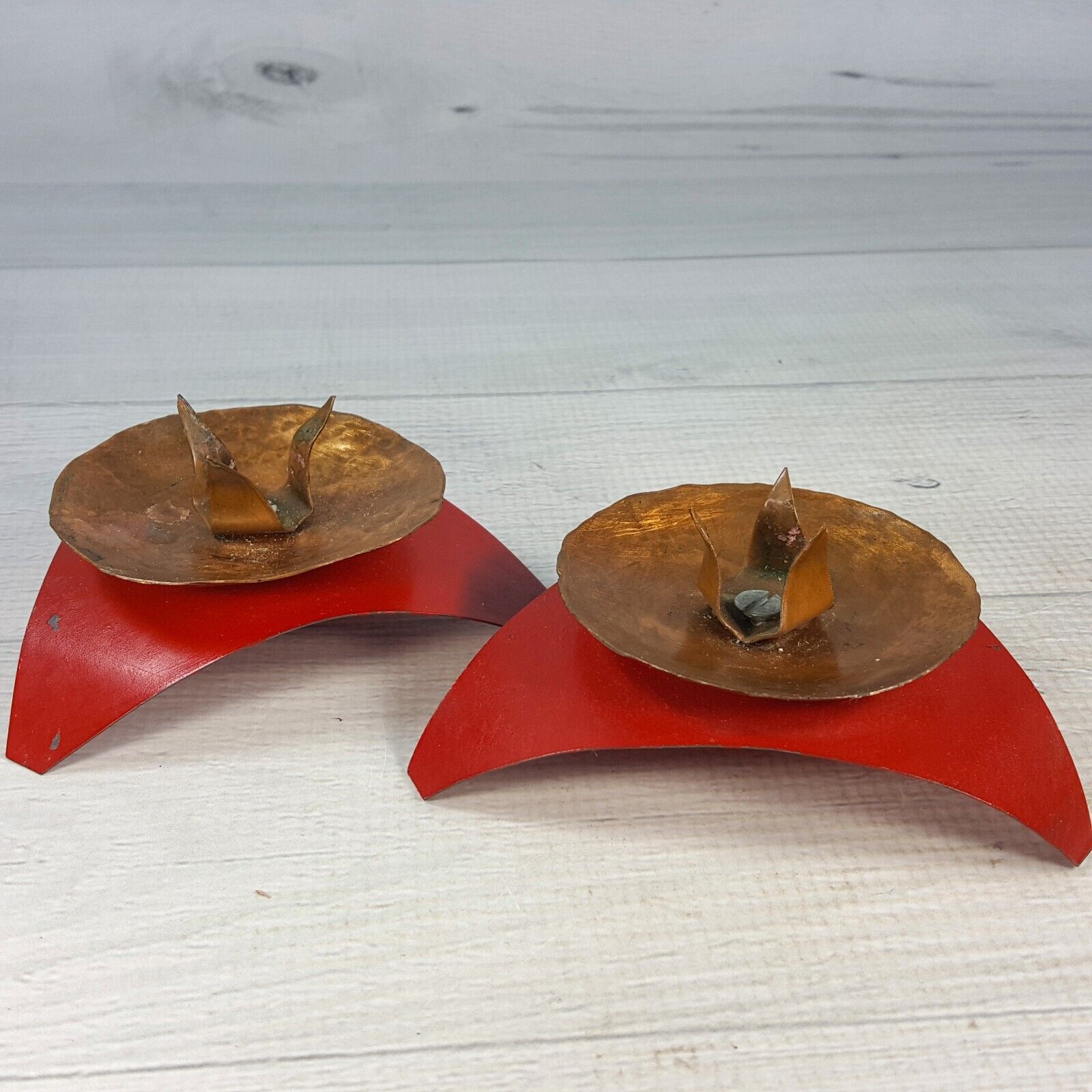 Vintage Copper & Red Metal Triangle Curved Base Brutalist Candle Holder Set 2