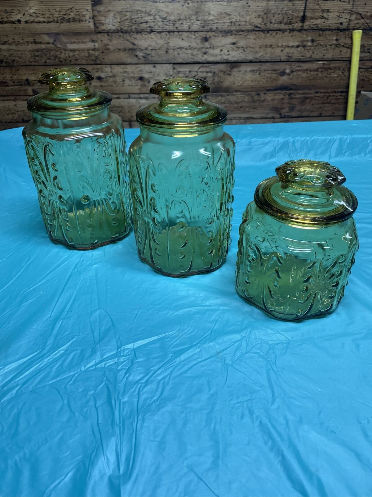 Vintage (3) L. E. Smith Imperial Amber Glass Atterbury Scroll Canister Jars
