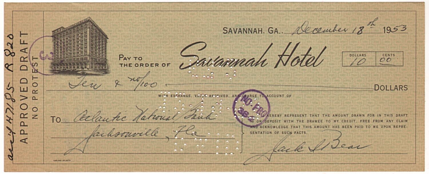 SAVANNAH HOTEL Bank Draft Check Dated 1953 - Savannah, Georgia Hotel EPHEMERA