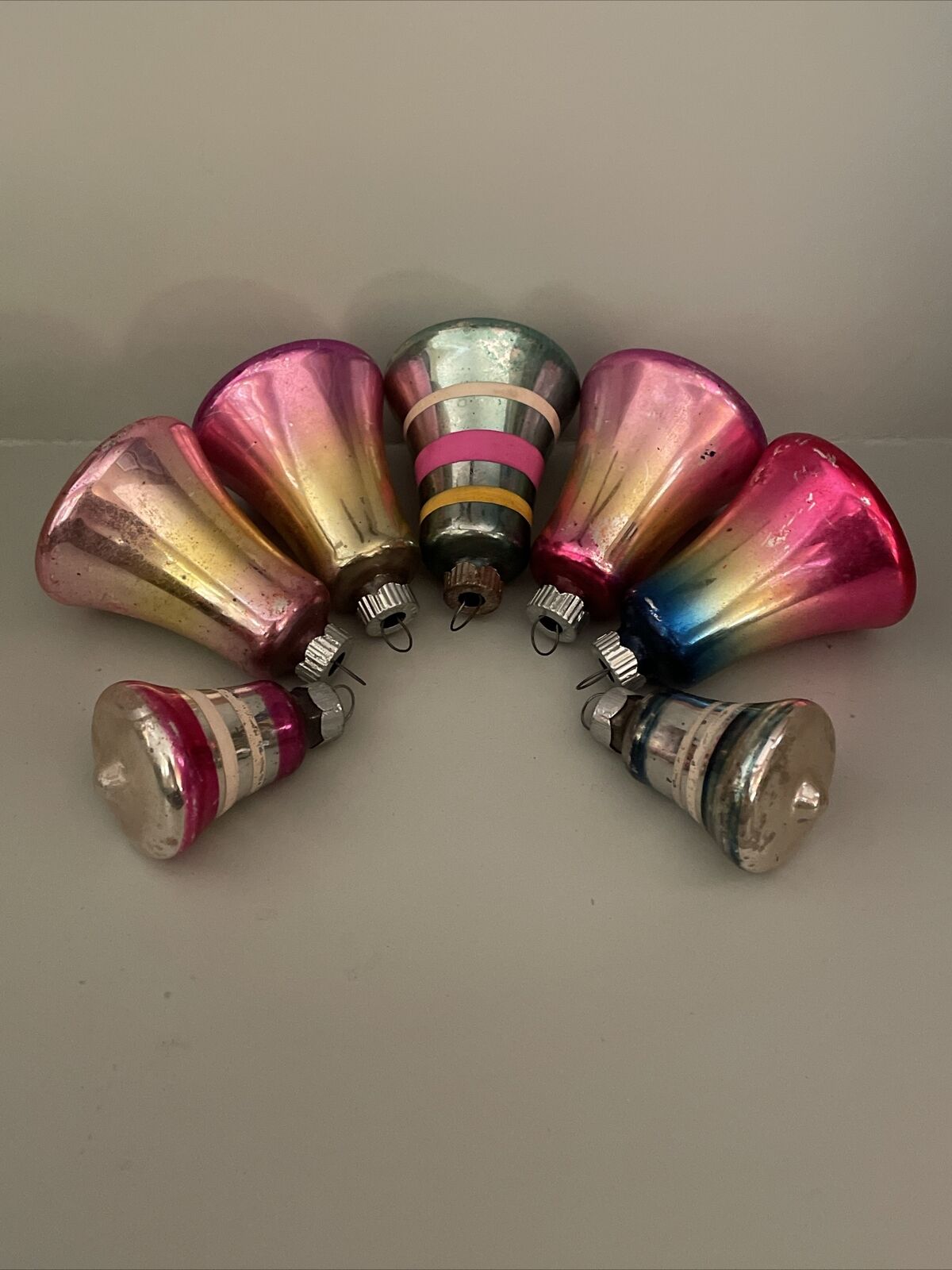 50’s Antique Pink/Gold Ombré & Striped Mercury Glass Christmas Bells SHINY BRITE