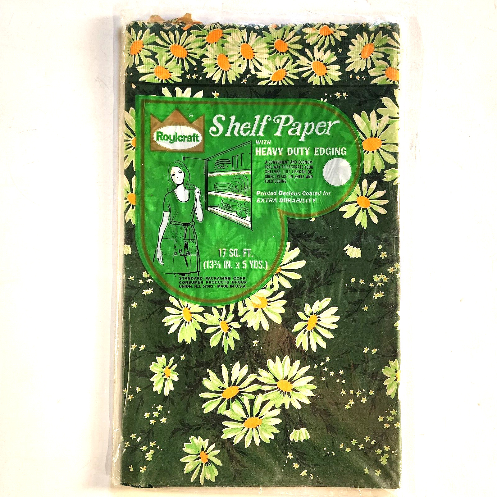 Vintage Roylcraft Shelf Paper Green w/Flowers Heavy Duty Edge Unopened 17 sq ft