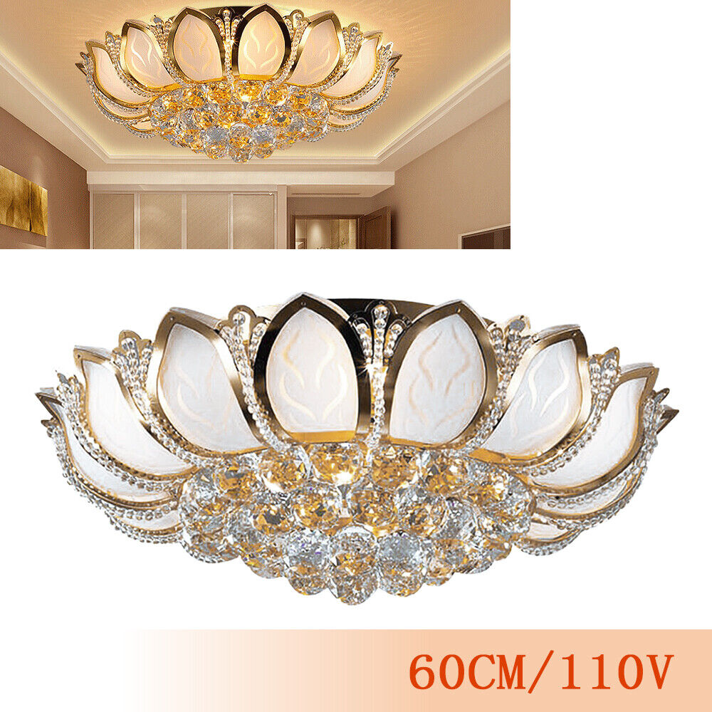 23.5\'\' LED Ceiling Light Lotus Crystal Chandelier Flush Mount Lamp Fixture Gold