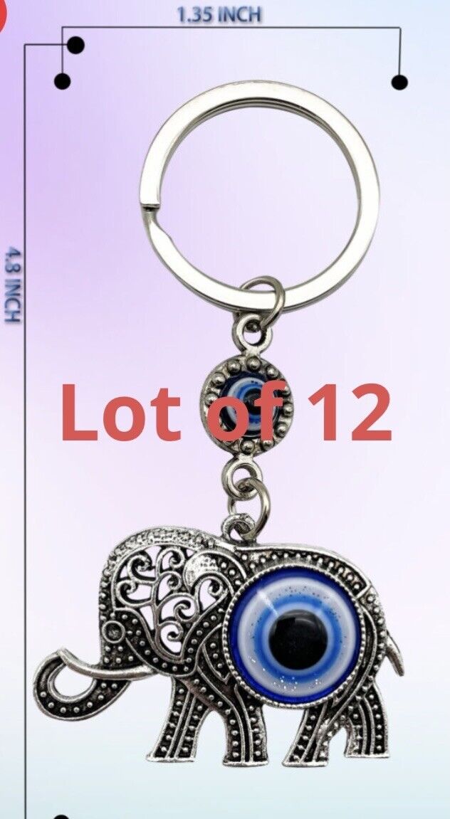 12 Blue Evil Eyes Elephant Keychain Key Ring good luck Charm Gift Lot Of 12