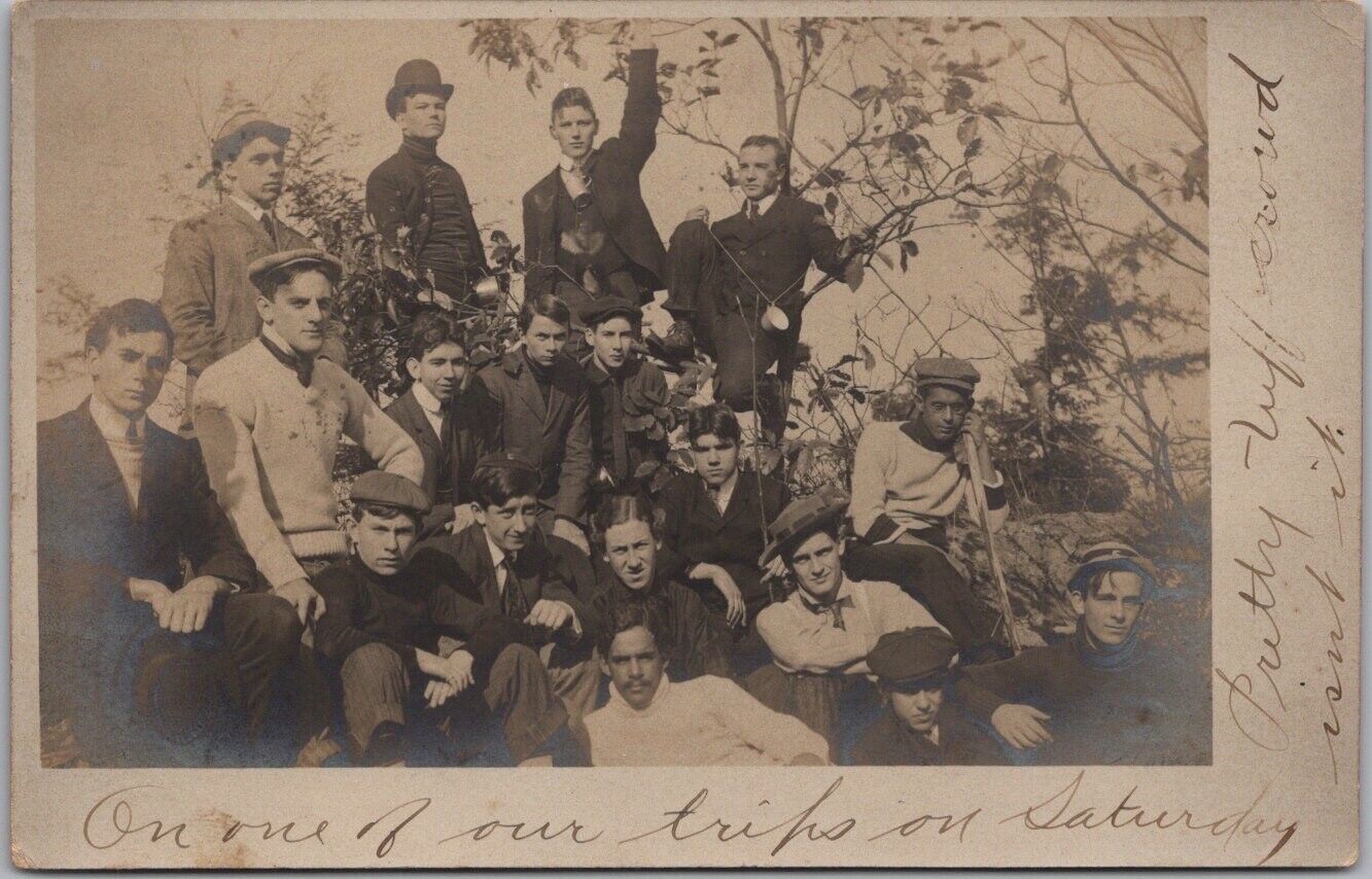 1906 RPPC Photo Postcard Boys / Students / Park Outing - Poughkeepsie NY Cancel