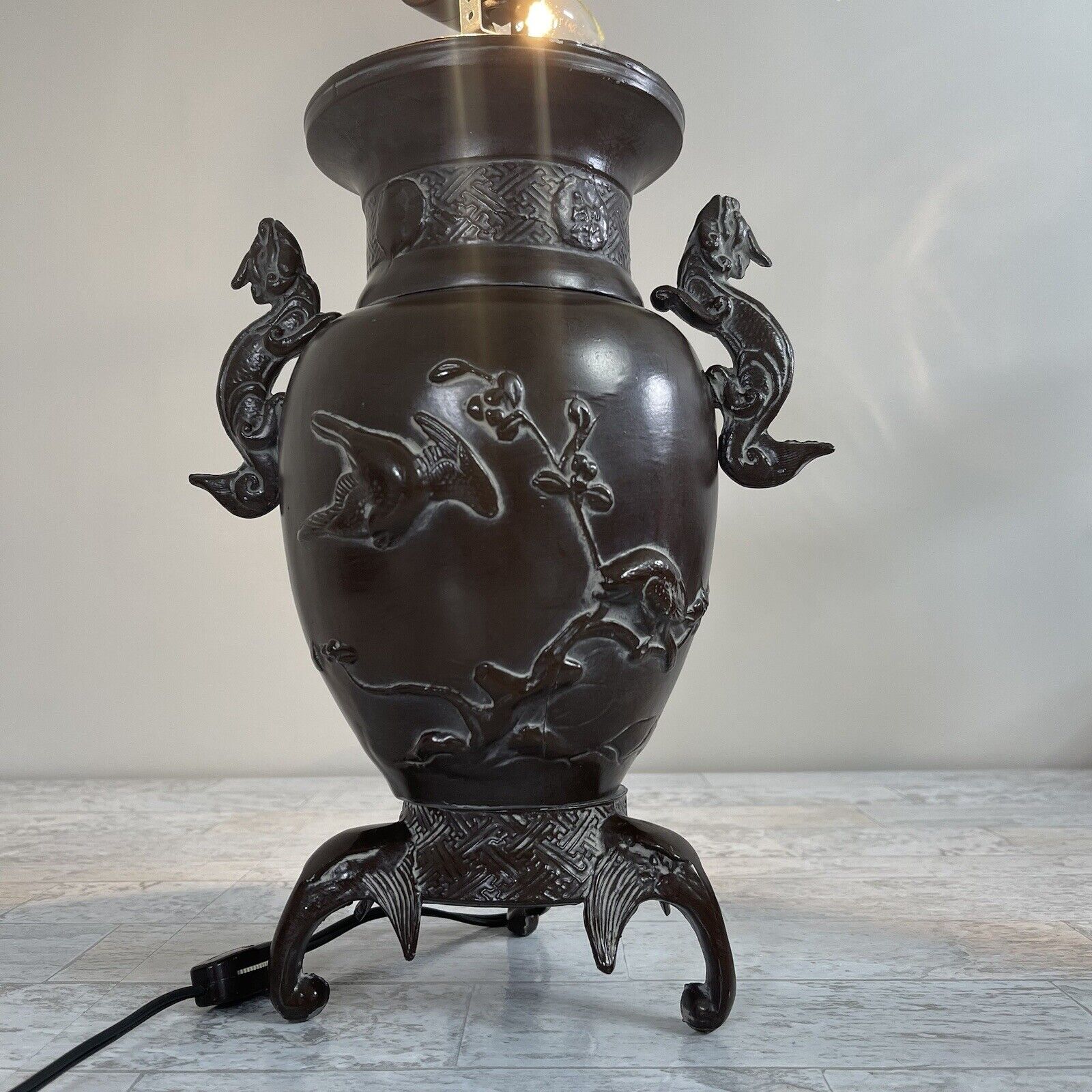 Antique Patinated Brass Meiji Style Elephant and Dragon Japanese Lamp