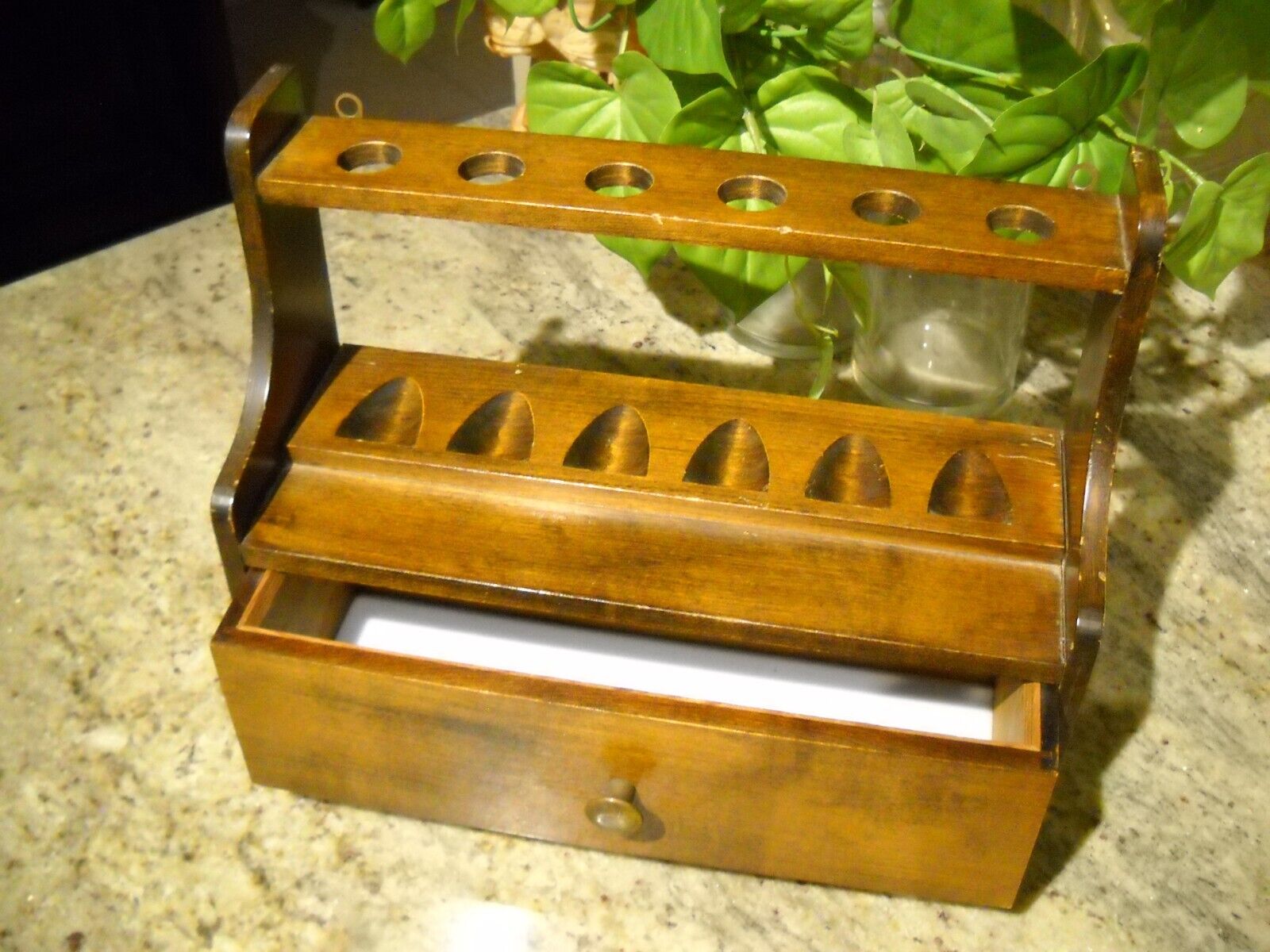 Vintage Wood Tobacco Pipe Stand Holder Holds 6 Pipes with drawer.