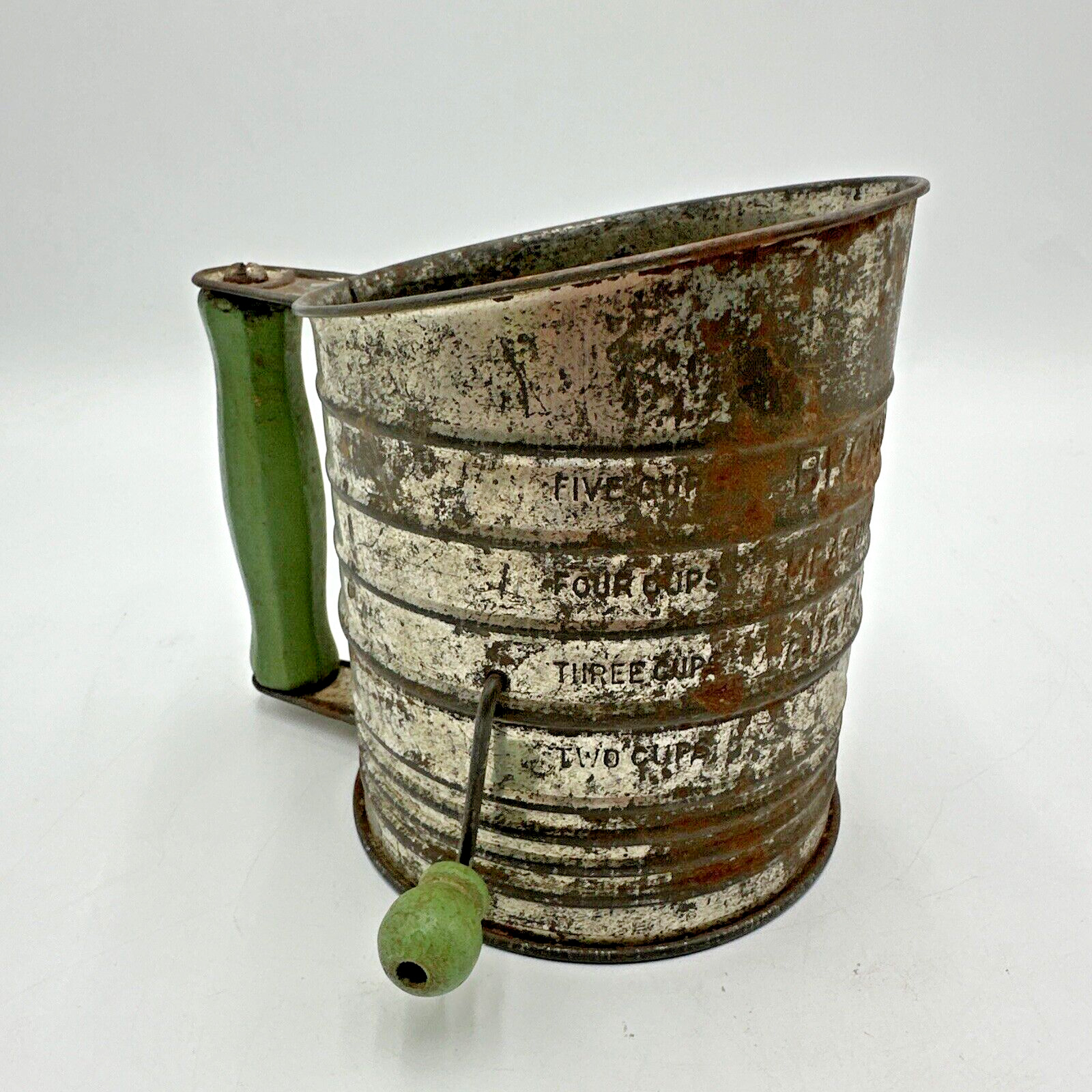 Vintage Bromwell’s 5 Cup Measuring Sifter Green Wood Crank Handle Flour Sifter