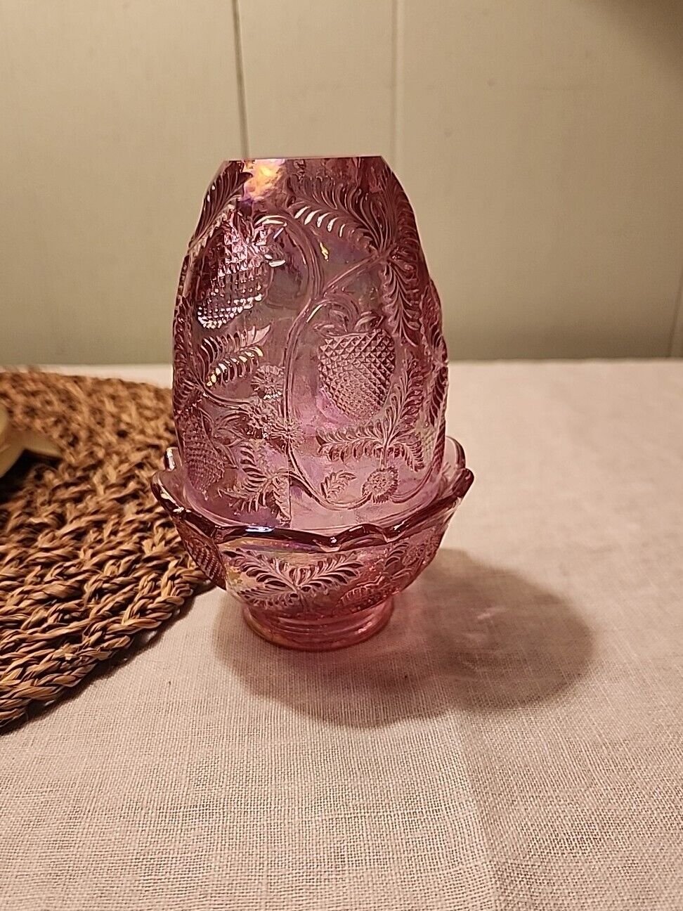 Fenton Irridescent Pink Cranberry  Inverted  Strawberry Fairy Lamp, 90's