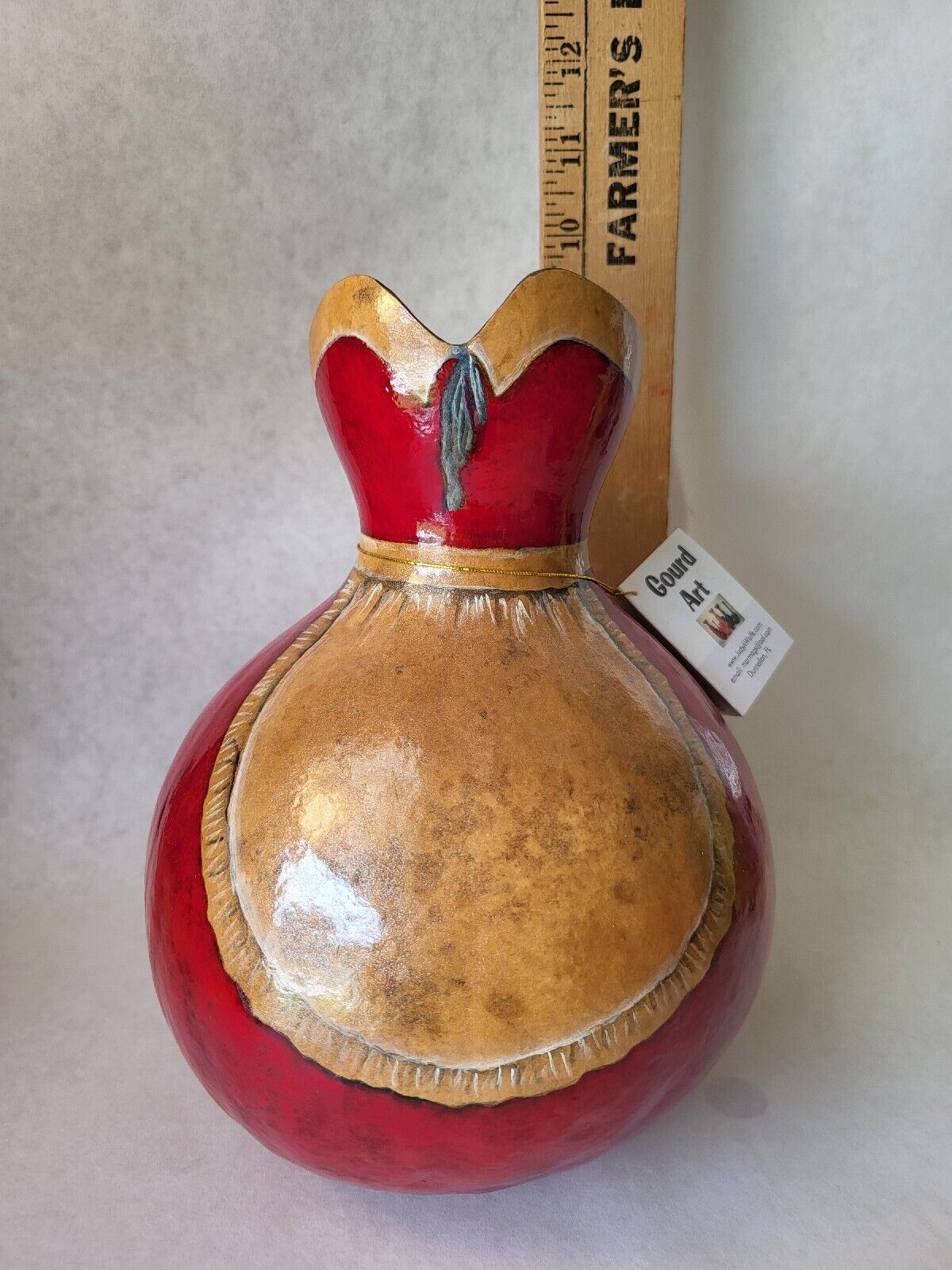 Handpainted Gourd Art Vase With Red Dress And White Apron 