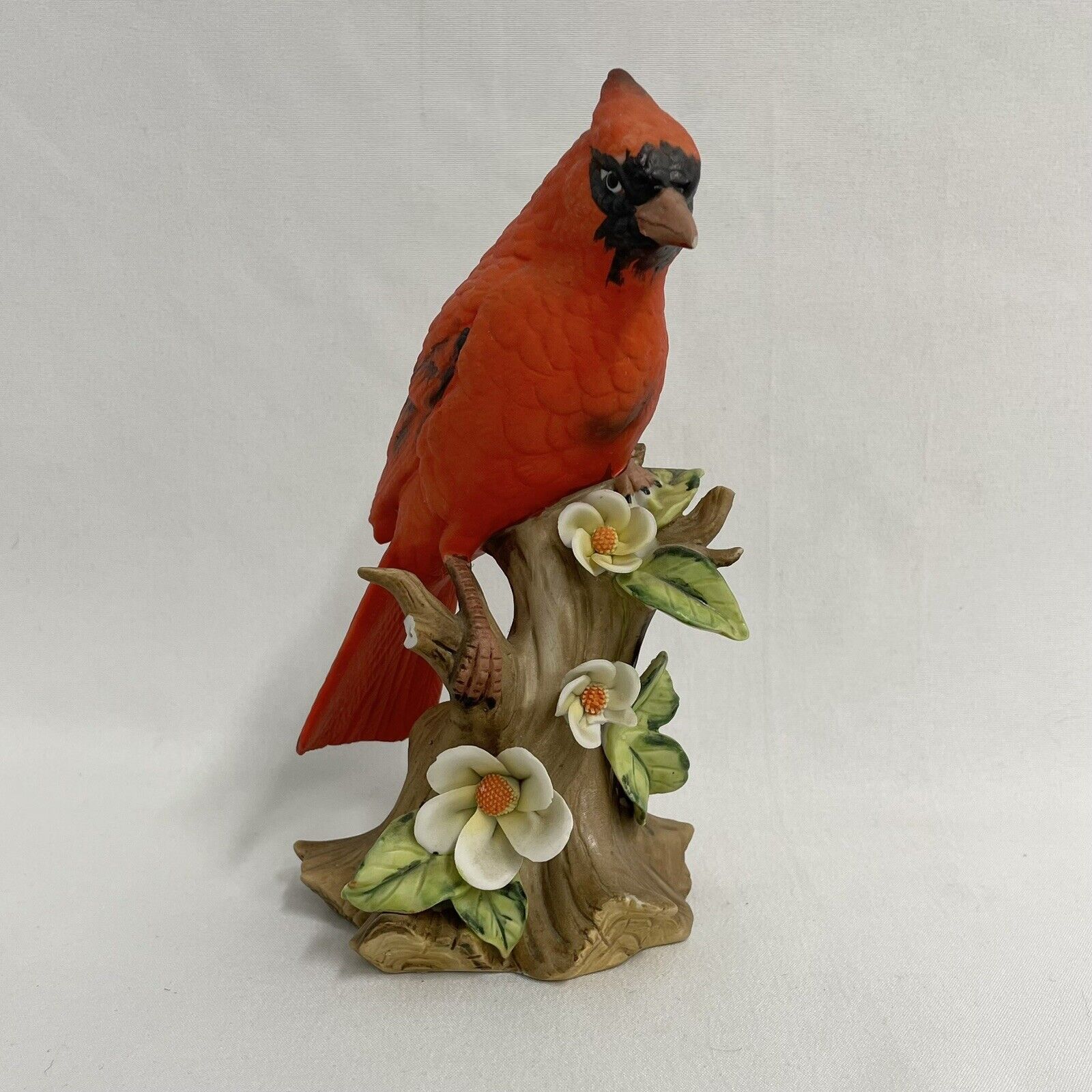 Vintage Red Cardinal Bird Figurine With White Flowers