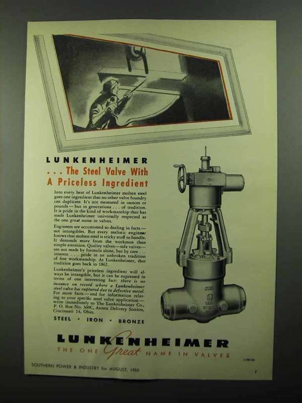 1950 Lunkenheimer Valves Ad - A Priceless Ingredient