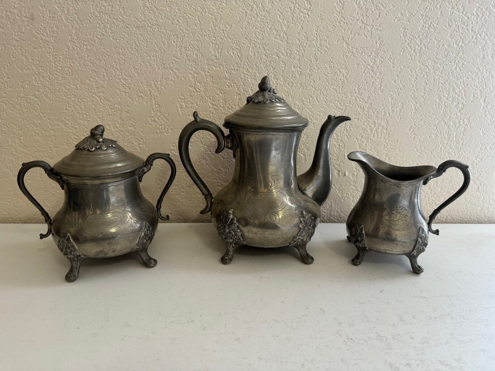 Vtg Antique 3 Piece Pewter Tea Set Engraved Decoration & Acorns Design Finial