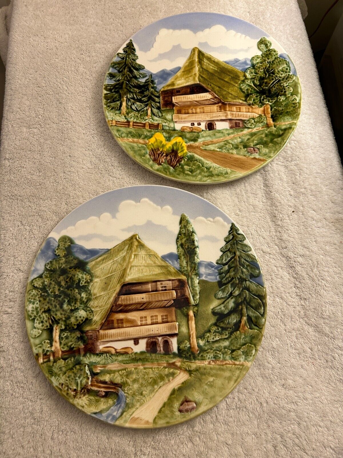 Chalet Forest/Mountains #4503, 4504 German 2 Hand Painted Majolica 12” 3D Plates