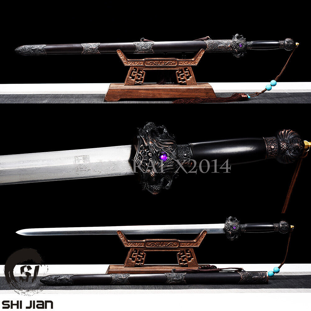 Chinese Qing Dynasty Jian Folded Steel DragonPhoenix Sword Ebony Handle scabbard