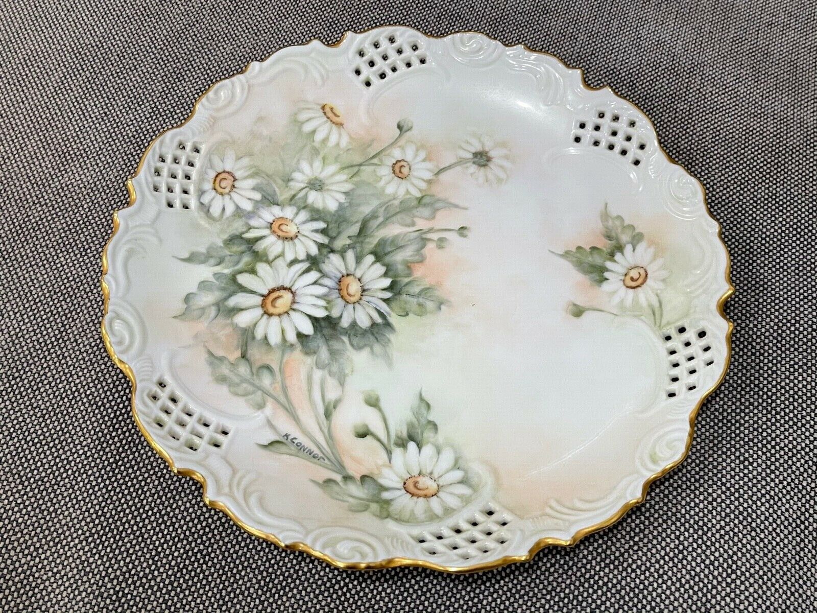 Antique Pierced Porcelain Cabinet Plate w/ White Flowers Signed K. Connor